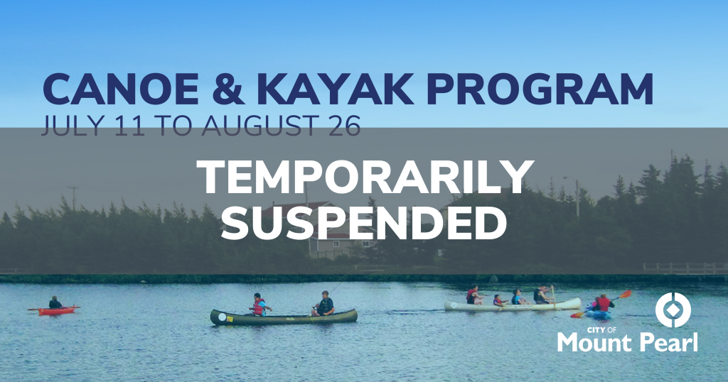 Image shows multiple groups on a pond in canoes wearing life vests with a blue sky. Text reads that the program is temporarily suspended.